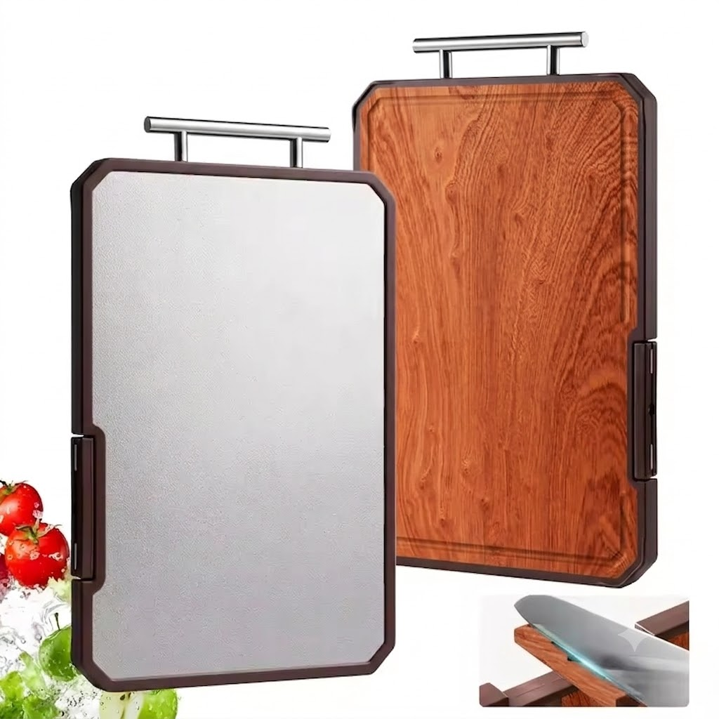 Dual-Sided Cutting Board โ 304 Stainless Steel + Acacia Wood