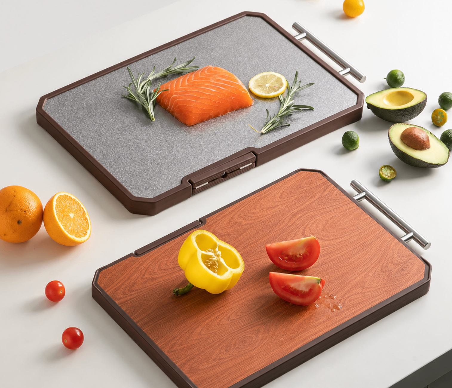 Dual-Sided Cutting Board โ Titanium + Acacia Wood