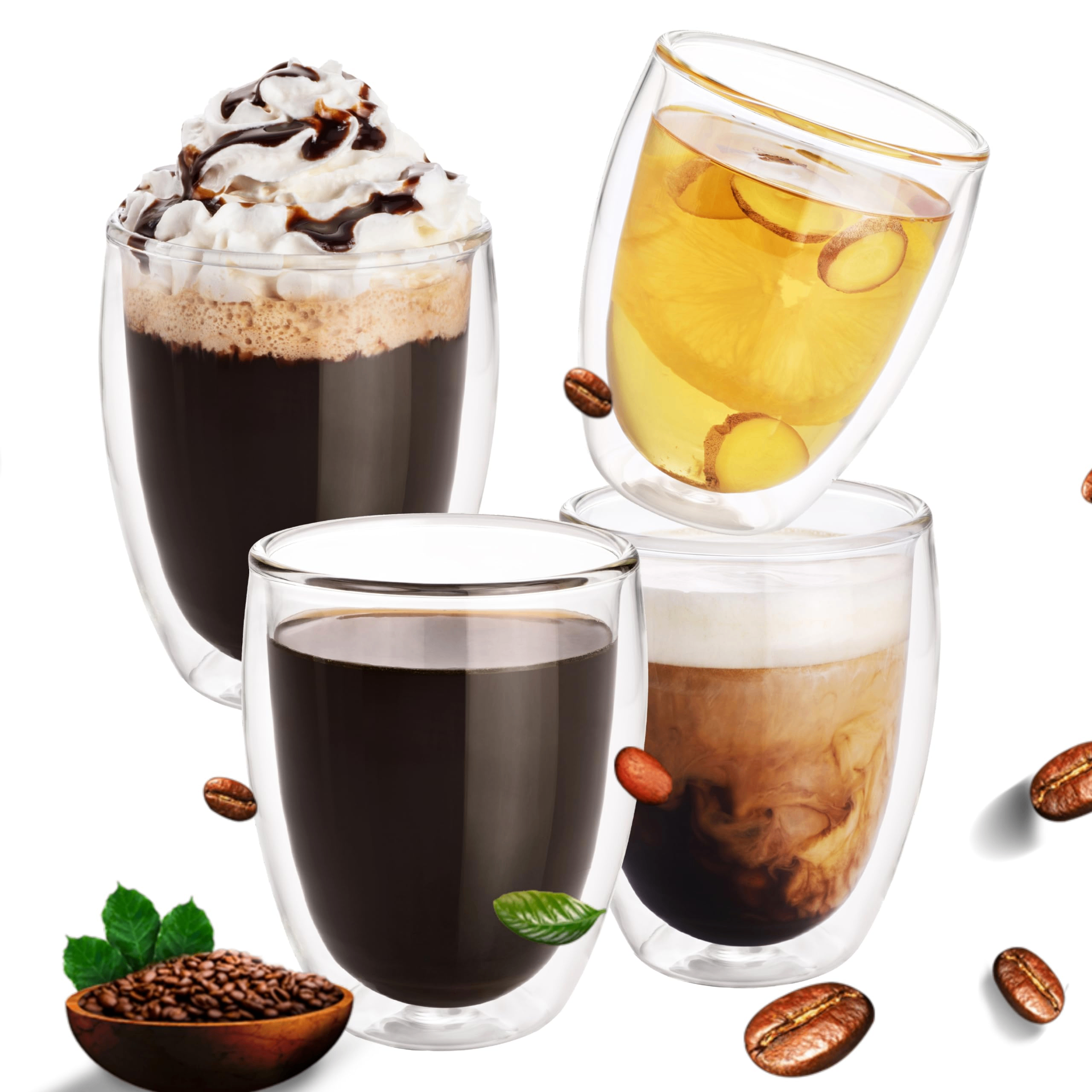 Double Wall Glass Coffee Cups โ 250ml with Handle (Set of 4)