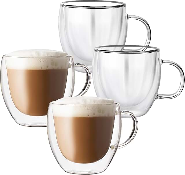 Double Wall Glass Coffee Cups โ 350ml with Handle (Set of 4)
